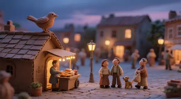 A miniature diorama made of clay and cardboard shows a bustling town square at dusk. Tiny clay figures go about their day: a couple walks a dog, a vendor hands over a bag of goods. Small LED lights flicker to mimic streetlamps. [Macro lens] follows a clay bird perched atop a rooftop before taking off.