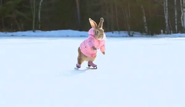 In close-up, a bunny wearing pink skates glides on the ice. The panoramic lens captures every jump and spin of the bunny on the vast ice surface, while the trees and snowy landscape in the background add a bit of serenity and beauty to this joyful winter scene. The whole scene is smoothly displayed under a stabilized tracking lens.