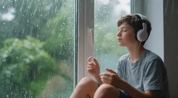 A teenage boy sitting by the window during a summer rain, headphones on, eyes closed, fingers tapping to the music, raindrops racing down the glass outside