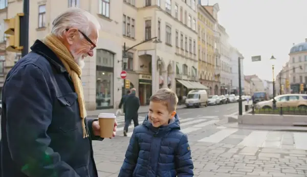 An elderly man smiles warmly while handing a paper coffee cup to a child on a bustling street corner