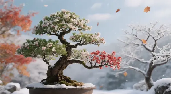 A time-lapse of a bonsai tree growing through the seasons—spring blossoms, summer greens, autumn reds, and finally bare winter branches covered in frost. The camera remains still as the background subtly changes: shifting skies, falling leaves, drifting snow. Emotionally resonant and meditative.