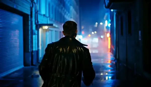 A fleeing male, in a neon, steamy back alley on a rainy night in the city, panics in his soaked trench coat as he runs down the alley, constantly looking back. Following the follow-up shot creates a strong sense of immersion for the viewer, as if the pursuer is right behind the camera.