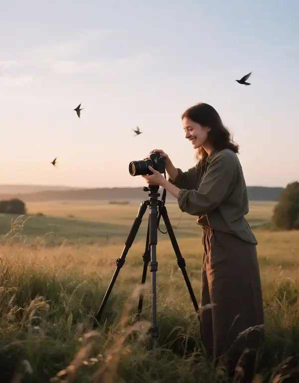 A woman photographer sets up her tripod in a wide open countryside at sunrise. The grass sways gently. She adjusts the focus ring on her camera and smiles in satisfaction. Birds sing in the distance. The camera follows her movements with a soft handheld feel.