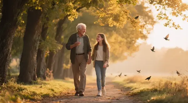 An elderly man and his teenage daughter walk slowly along a tree-lined path during golden hour. The leaves rustle gently in the breeze. The man smiles faintly while talking, the girl nods and laughs softly. Warm, low-angle sunlight flares into the lens. Footsteps and birds chirping fill the soundscape.