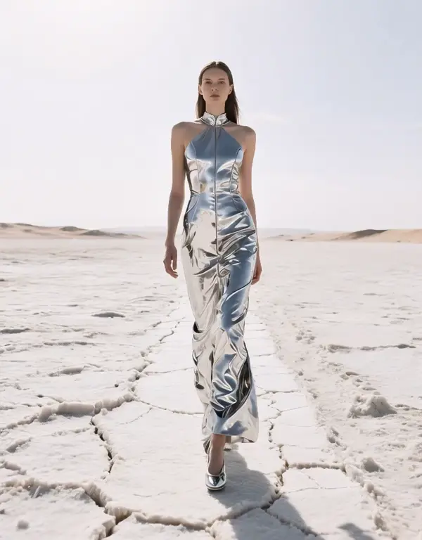 A fashion editorial scene set in a barren desert. A tall woman in a futuristic metallic dress walks down a cracked salt flat. The sky is bright white, almost overexposed, and the dress reflects the environment like liquid metal. [Slow panning shot] captures her silhouette against the endless horizon.