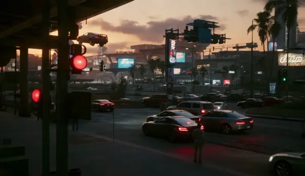 A cyberpunk city during sunset, flying cars in the sky, crowded streets, glowing billboards, ambient soundtrack