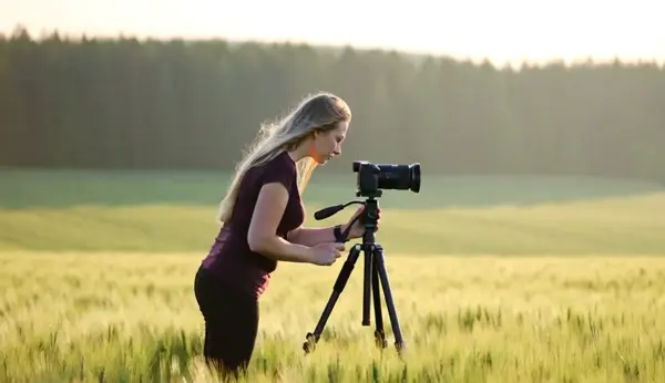 A woman photographer sets up her tripod in a wide open countryside at sunrise. The grass sways gently. She adjusts the focus ring on her camera and smiles in satisfaction. The camera follows her movements with a soft handheld feel.