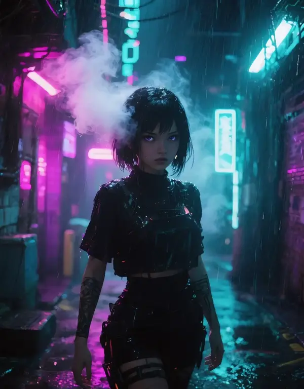 A cyberpunk girl walking through neon-lit alleyways, rain falling, close-up of her eyes, camera pans to her silhouette, smoke in the background, futuristic music vibe